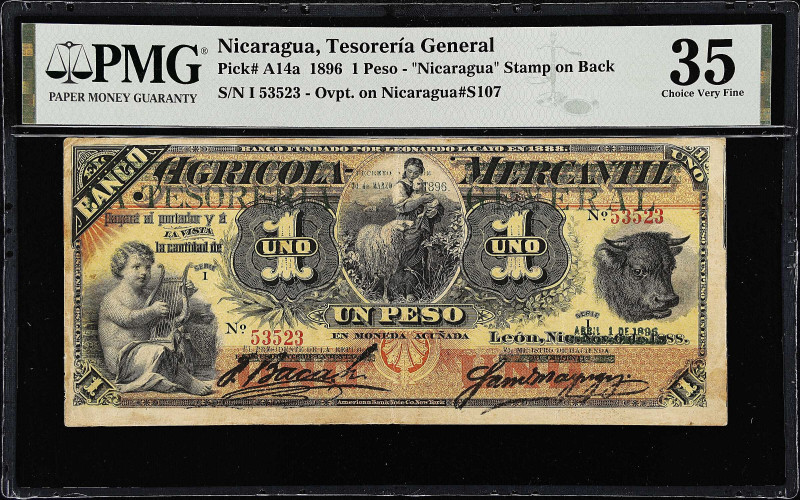 NICARAGUA. Tesoreria General. 1 Peso, 1896. P-A14a. PMG Choice Very Fine 35.
Ni...