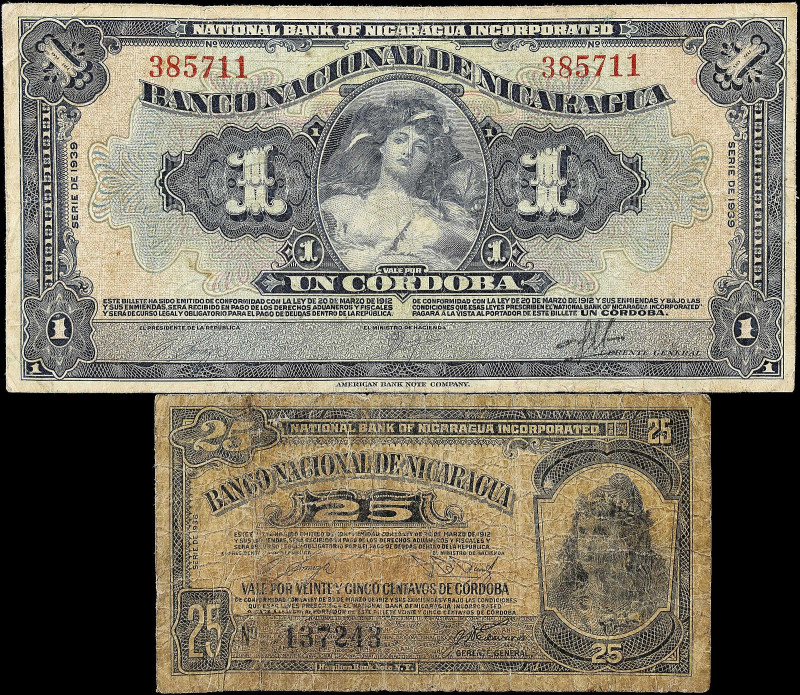 NICARAGUA. Lot of (2). Banco Nacional de Nicaragua. 25 Centavos & 1 Cordoba, 193...