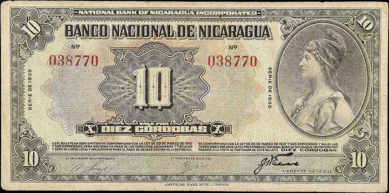 NICARAGUA. Banco Nacional de Nicaragua. 10 Cordobas, 1938. P-66b. Fine.

Estim...