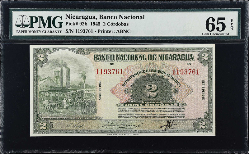 NICARAGUA. Banco Nacional de Nicaragua. 2 Cordobas, 1945. P-92b. PMG Gem Uncircu...