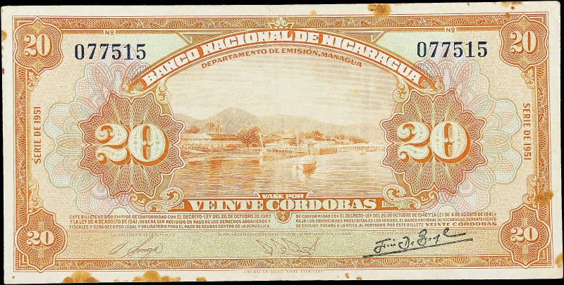 NICARAGUA. Banco Nacional de Nicaragua. 20 Cordobas, 1951. P-95c. Very Fine.
St...