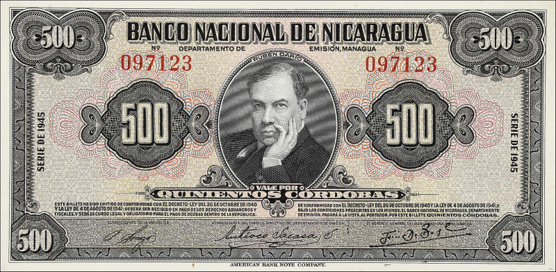 NICARAGUA. Banco Nacional de Nicaragua. 500 Cordobas, 1945. P-98a. Uncirculated....