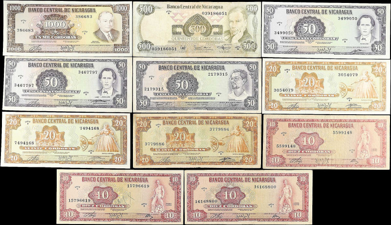 NICARAGUA. Lot of (11). Banco Central de Nicaragua. 10, 20, 50, 500 & 1000 Cordo...