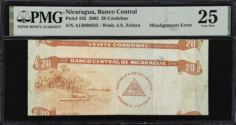 NICARAGUA. Banco Central de Nicaragua. 20 Cordobas, 2002. P-192. Misalignment Er...