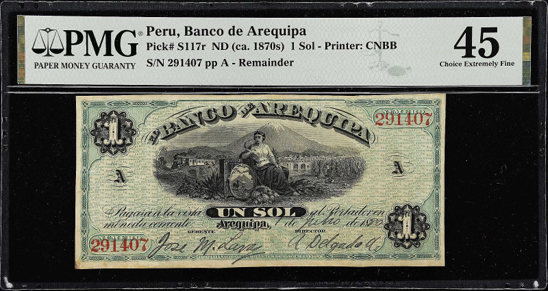 PERU. Banco de Arequipa. 1 Sol, ND (ca. 1870s). P-S117r. Remainder. PMG Choice E...