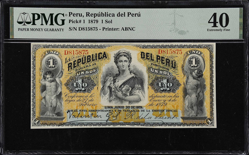 PERU. Republica del Peru. 1 Sol, 1879. P-1. PMG Extremely Fine 40.
A colorful m...