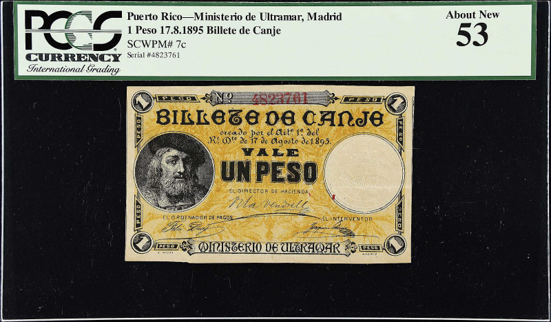 PUERTO RICO. Billete De Canje. 1 Peso, 1895. P-7c. PCGS Currency About New 53.
...