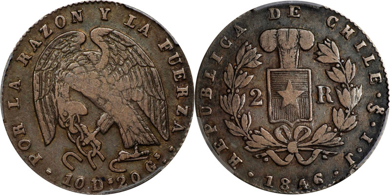 CHILE. 2 Reales, 1846-So IJ. Santiago Mint. PCGS VF-35.
KM-100.2.

Estimate: ...