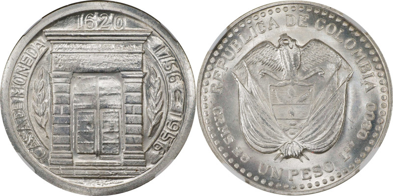 COLOMBIA. Peso, 1956. Mexico City Mint. NGC MS-66.
KM-216. Mintage: 12,000. Str...