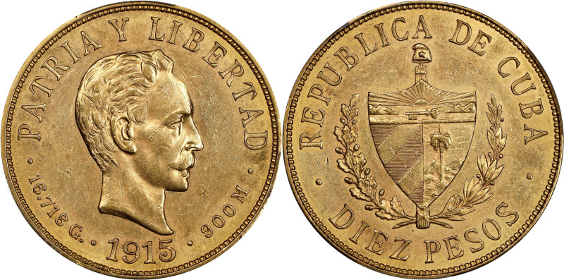 CUBA. 10 Peso, 1915. Philadelphia Mint. PCGS MS-62.
Fr-3; KM-20.
From the Hist...