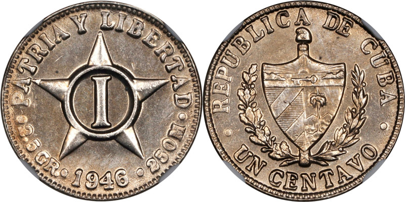 CUBA. Centavo, 1946. Philadelphia Mint. NGC MS-65.
KM-9.2.

Estimate: $150.00...