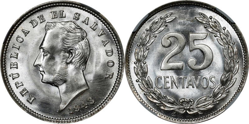 EL SALVADOR. 25 Centavos, 1943. San Francisco Mint. NGC MS-66.
KM-136.

Estim...