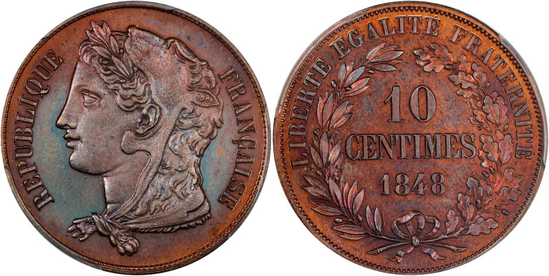 FRANCE. Bronze 10 Centimes Essai (Pattern), "1848". PCGS SPECIMEN-64 Red Brown....