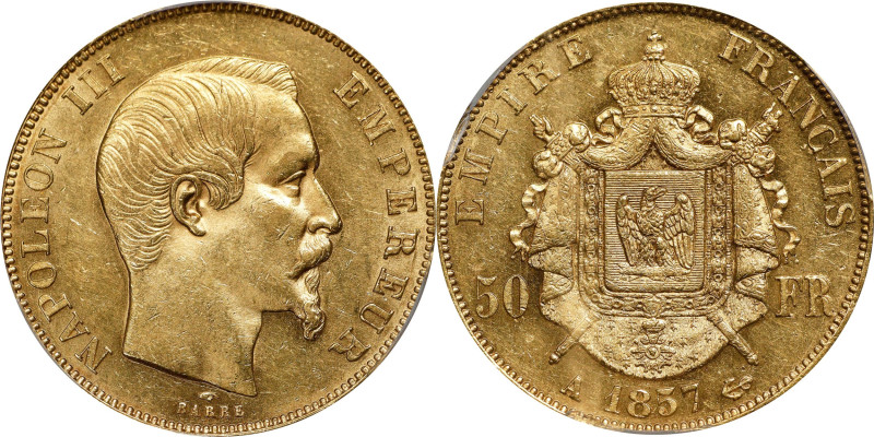 FRANCE. 50 Francs, 1857-A. Paris Mint. Napoleon III. PCGS MS-62.
Fr-571; KM-785...