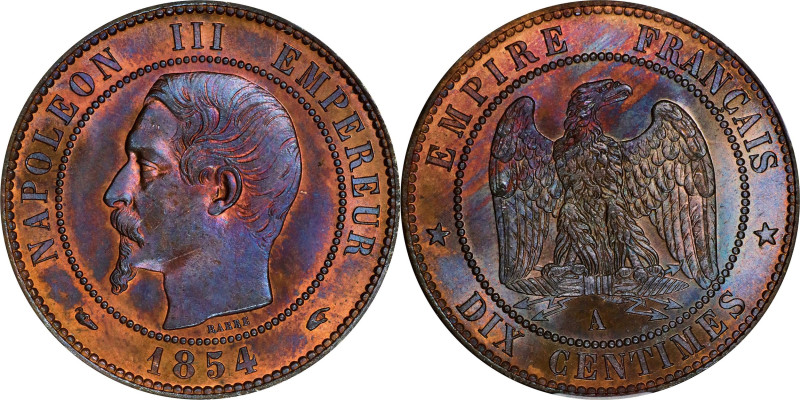 FRANCE. 10 Centimes, 1854-A. Paris Mint. Napoleon III. PCGS MS-65 Red Brown.
KM...