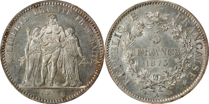 FRANCE. 5 Francs, 1873-A. Paris Mint. PCGS MS-64.
KM-820.1; Gad-745A; F-334.
...