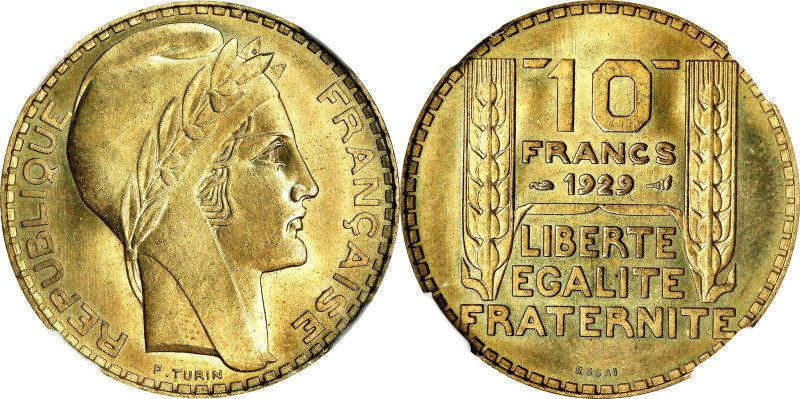 FRANCE. Aluminum-Bronze 10 Francs Essai (Pattern), 1929. Paris Mint. NGC MS-65....