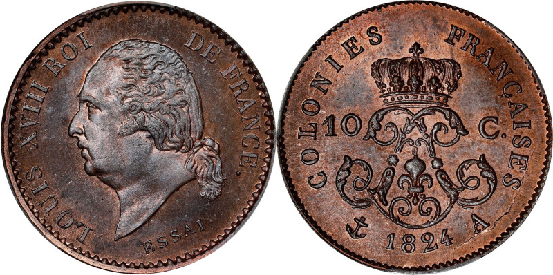 FRENCH COLONIES. Bronze 10 Centimes Essai (Pattern), 1824-A. Paris Mint. Louis X...