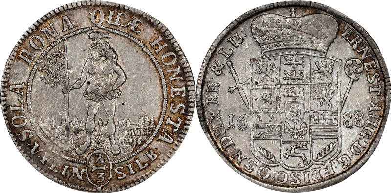 GERMANY. Brunswick-Luneburg: Calenberg. 2/3 Taler, 1688. Zellerfeld Mint. Ernst ...