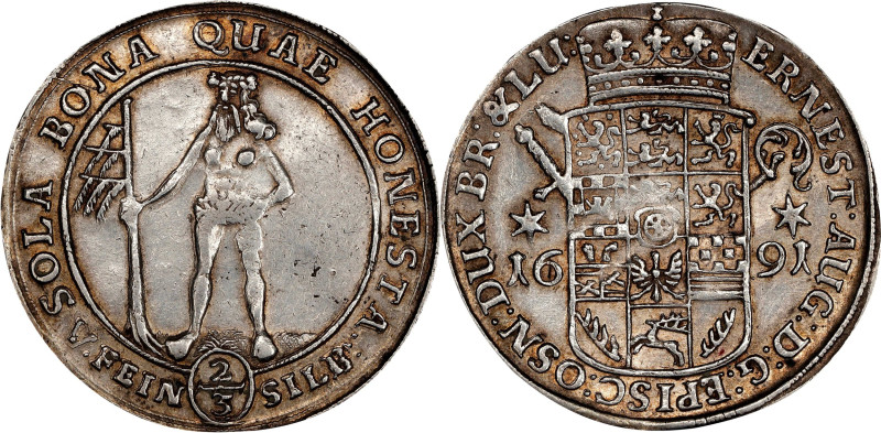 GERMANY. Brunswick-Luneburg: Calenberg. 2/3 Taler, 1691. Zellerfeld Mint. Ernst ...