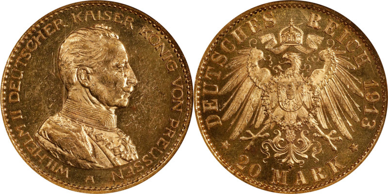 GERMANY. Prussia. 20 Mark, 1913-A. Berlin Mint. Wilhelm II. ANACS MS-62.
Fr-383...