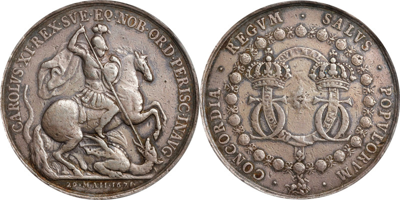 GREAT BRITAIN. Charles IX of Sweden "Knight of the Garter Creation" Silver Medal...