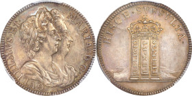 GREAT BRITAIN. William III & Mary II Silver Medal or Farthing Pattern, ND (1689). PCGS AU-58.
MI-693/88; Eimer-318. By J. or N. Roettier. Obverse: Dr...