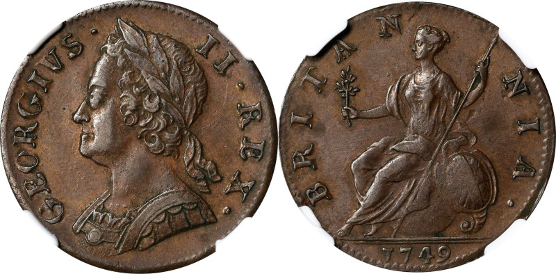 GREAT BRITAIN. 1/2 Penny, 1749. London Mint. George II. NGC AU-58.
S-3719; KM-5...