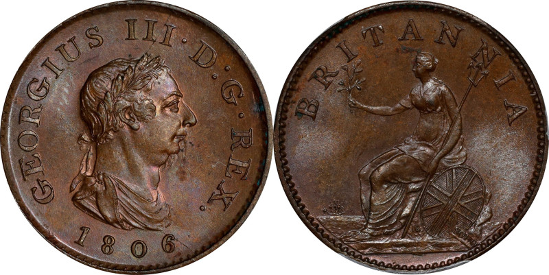 GREAT BRITAIN. Farthing, 1806. Birmingham (Soho) Mint. George III. PCGS MS-64 Br...