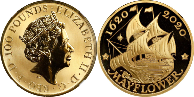 GREAT BRITAIN. Mayflower 400th Anniversary Gold 100 Pounds, 2020. Elizabeth II. ...