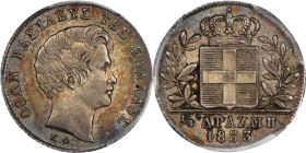 GREECE. 1/4 Drachma, 1833. Munich Mint. Otto. PCGS AU-58.
KM-18.

Estimate: $100.00- $200.00