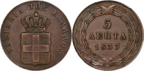 GREECE. 5 Lepta, 1833. Athens Mint. Otto I. PCGS AU-53.
KM-16.

Estimate: $60.00- $100.00