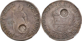 GUATEMALA. Guatemala - Peru. 8 Reales, ND (1841). NGC VF-25.
KM-118.1. Type IV hinged dies countermark. Sun over mountains applied to obverse; Revers...