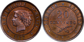 HAITI. Copper 20 Centimes Essai (Pattern), 1877-IB CT. Strasbourg Mint. PCGS SPECIMEN-65 Red Brown.
KM-Pn75.

Estimate: $175