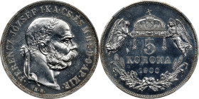 HUNGARY. 5 Korona Restrike, 1900-KB. Kremnica Mint. Franz Joseph I. NGC PROOF-65.
KM-488. With rosette before "Ferencz Jozsef".

Estimate: $200.00-...