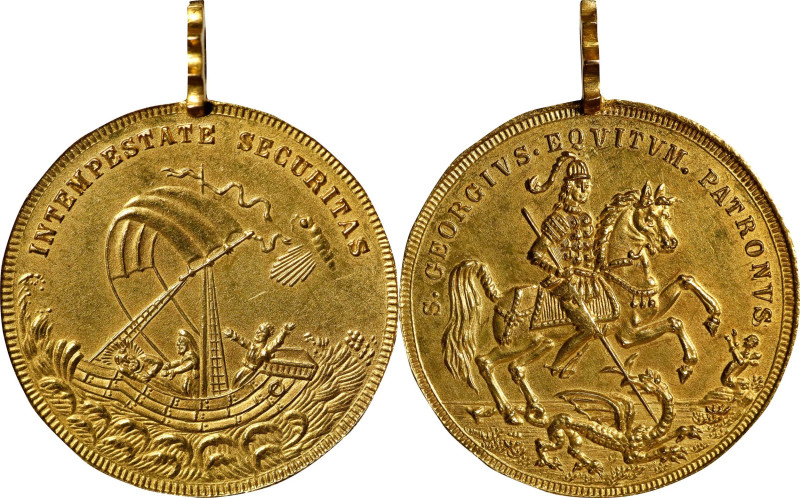 HUNGARY. St. George/Christ & Apostles Gold Medallic 2 Ducats, ND (ca. mid-19th C...