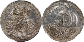 HUNGARY. St. George/Christ & Apostles Silver Medallic Taler, ND (ca. mid-18th Century). NGC MS-61.
Huszar-23. Obverse: St. George on horse rearing ri...