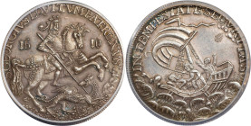 HUNGARY. St. George/Christ & Apostles Silver Medallic Taler, "1610" (ca. 19th Century). PCGS AU-58.
Huszar-57. Obverse: St. George on horse rearing r...