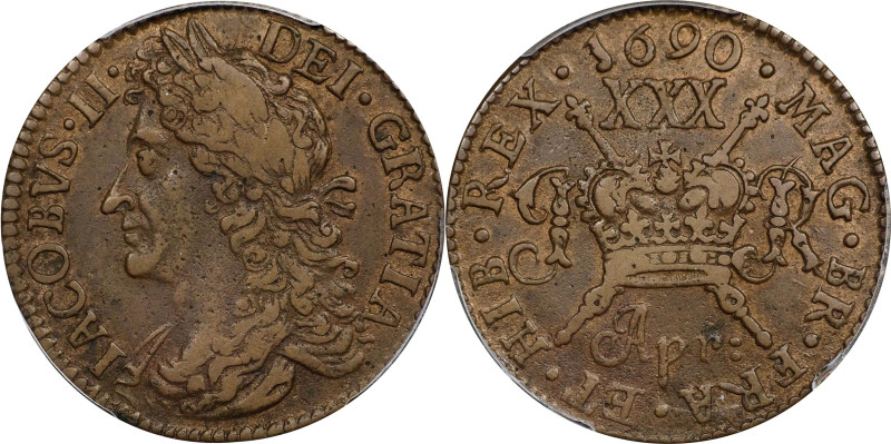 IRELAND. Gun Money 1/2 Crown, 1690 (Apr). Dublin Mint. James II. PCGS EF-45.
S-...