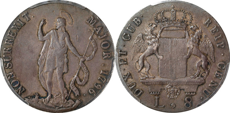 ITALY. Genoa. 8 Lire, 1796. PCGS EF-40.
Dav-1370; KM-249.
From an Old Brooklyn...