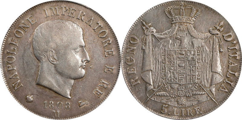 ITALY. Kingdom of Napoleon. 5 Lire, 1808-M. Milan Mint. Napoleon I. PCGS Genuine...