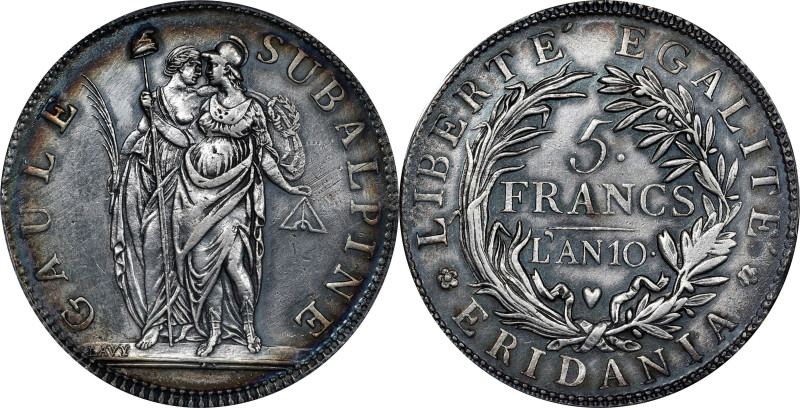 ITALY. Piedmont-Subalpine Republic. 5 Francs, Year 10 (1801). Turin Mint. PCGS G...