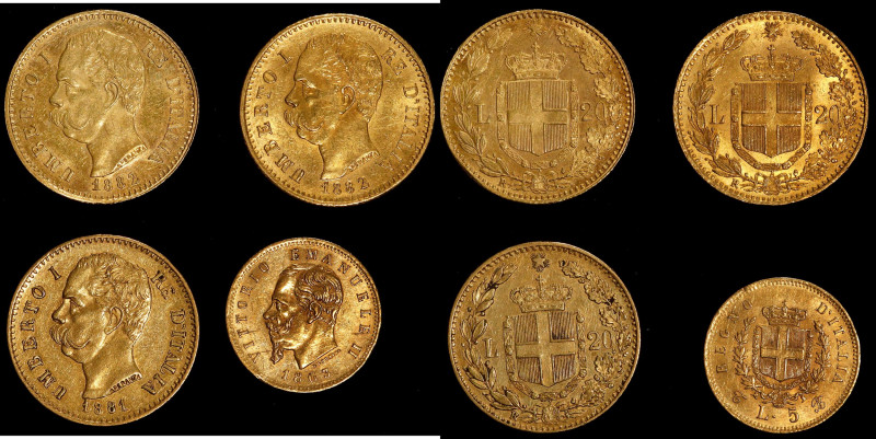 ITALY. Quartet of Gold Lire (4 Pieces). 1863-82. Umberto I. Average Grade: UNCIR...