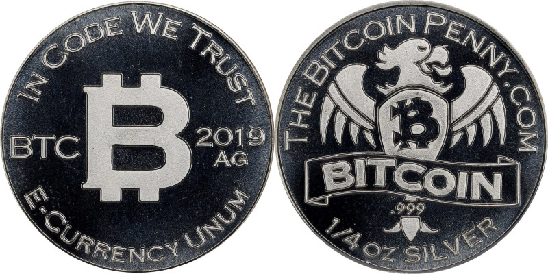 2019 Bitcoin Penny Co. Bitcoin-Themed Silver Token. Eagle Right. AG Mintmark. 1/...