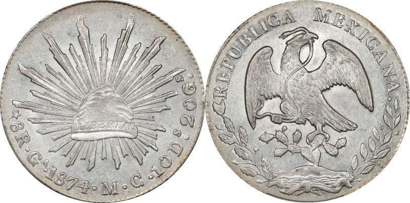 MEXICO. 8 Reales, 1874-Ga MC. Guadalajara Mint. PCGS AU-55.
KM-377.6; DP-Ga54....