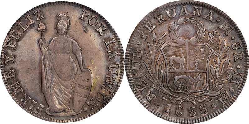 PERU. 8 Reales, 1833-LIMA MM. Lima Mint. PCGS AU-53.
KM-142.3.

Estimate: $20...