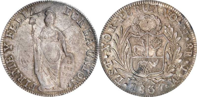 PERU. North Peru. 8 Reales, 1837-L TM. Lima Mint. PCGS AU-58.
KM-155.

Estima...