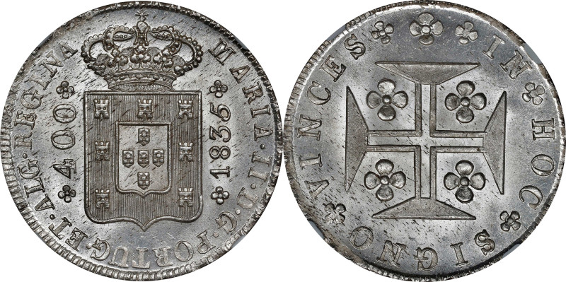 PORTUGAL. 400 Reis, 1835. Lisbon Mint. Maria II. NGC MS-65.
KM-403.2.

Estima...