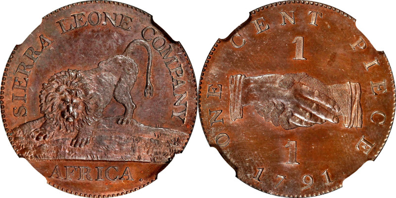 SIERRA LEONE. Bronze Cent, 1791. Birmingham (Soho) Mint. NGC PROOF-64 Brown.
KM...