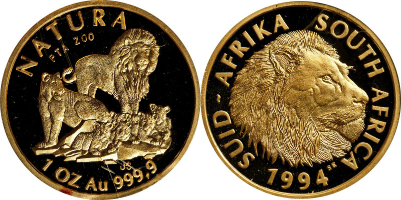 SOUTH AFRICA. Gold Ounce Natura (100 Rand), 1994. Natura Series: Lion. GEM PROOF...